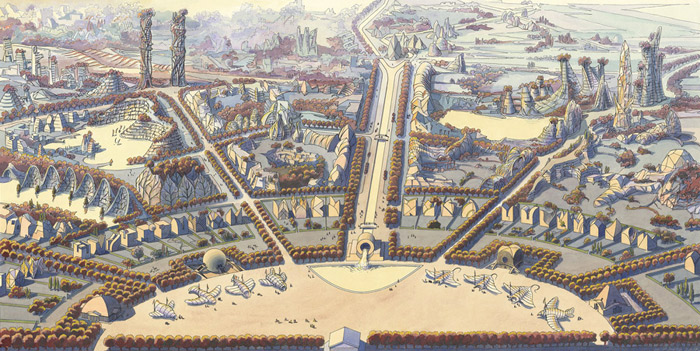 Dessin de Luc Schuiten : panorama de la Saline Royale d'Arc-et-Senans en 2100.