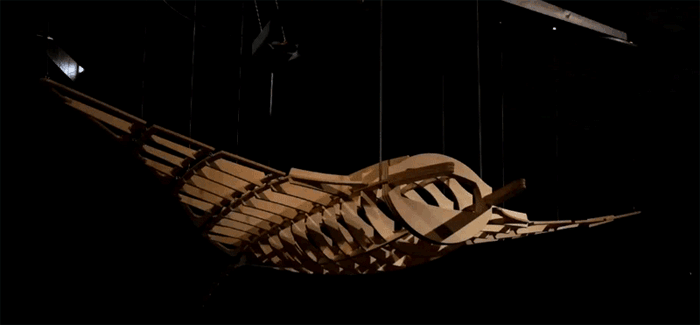 GIF animé d'un protoype d'une Raivolante : une raie manta en bois articulée grâce à un mécanisme.
